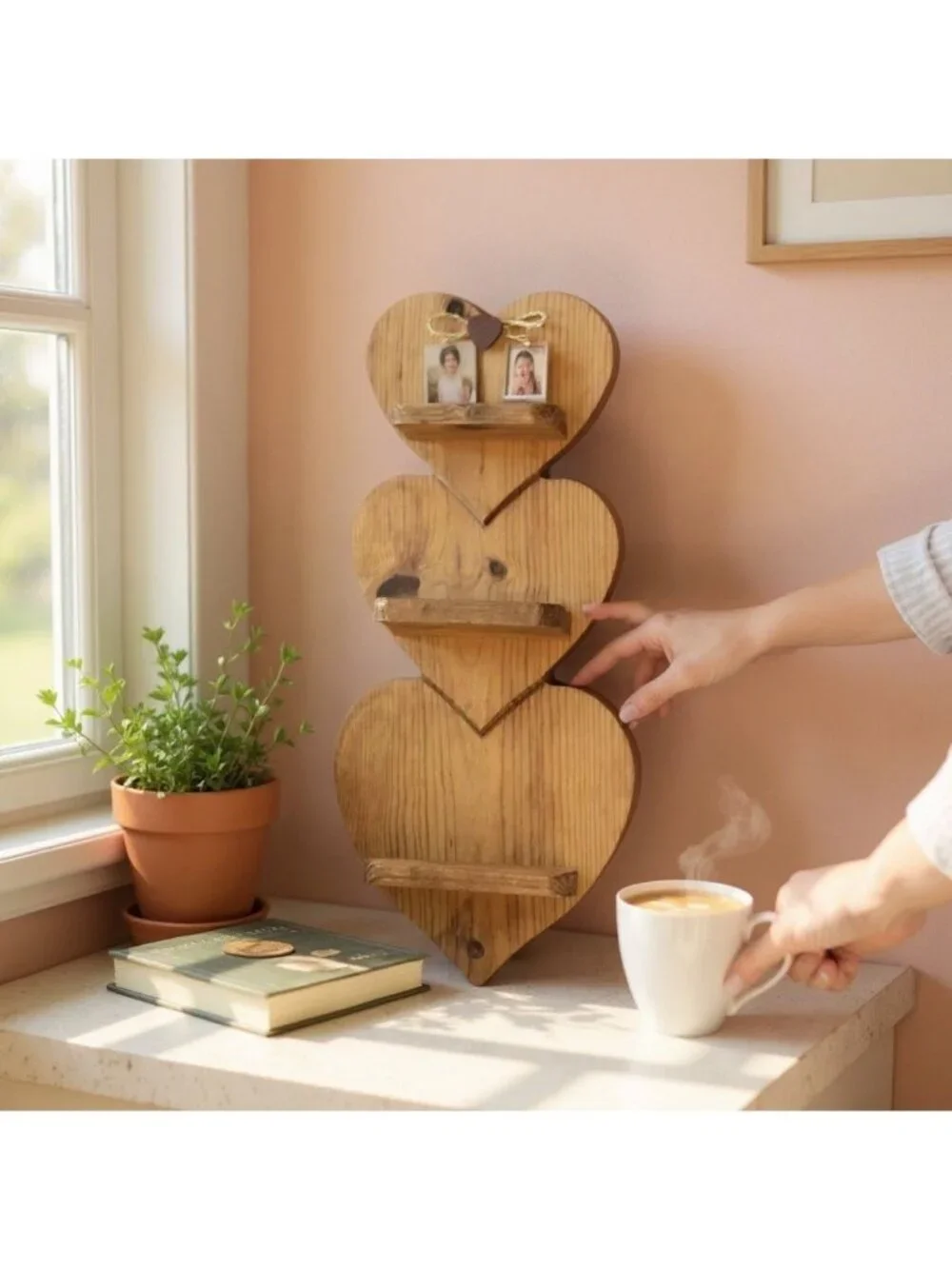 Home Interiors Heart-Shaped Wooden Wall Shelf With 3 Tiers & Bow Accent